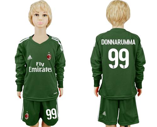 AC Milan #99 Donnarumma Green Goalkeeper Long Sleeves Kid Soccer Club Jersey